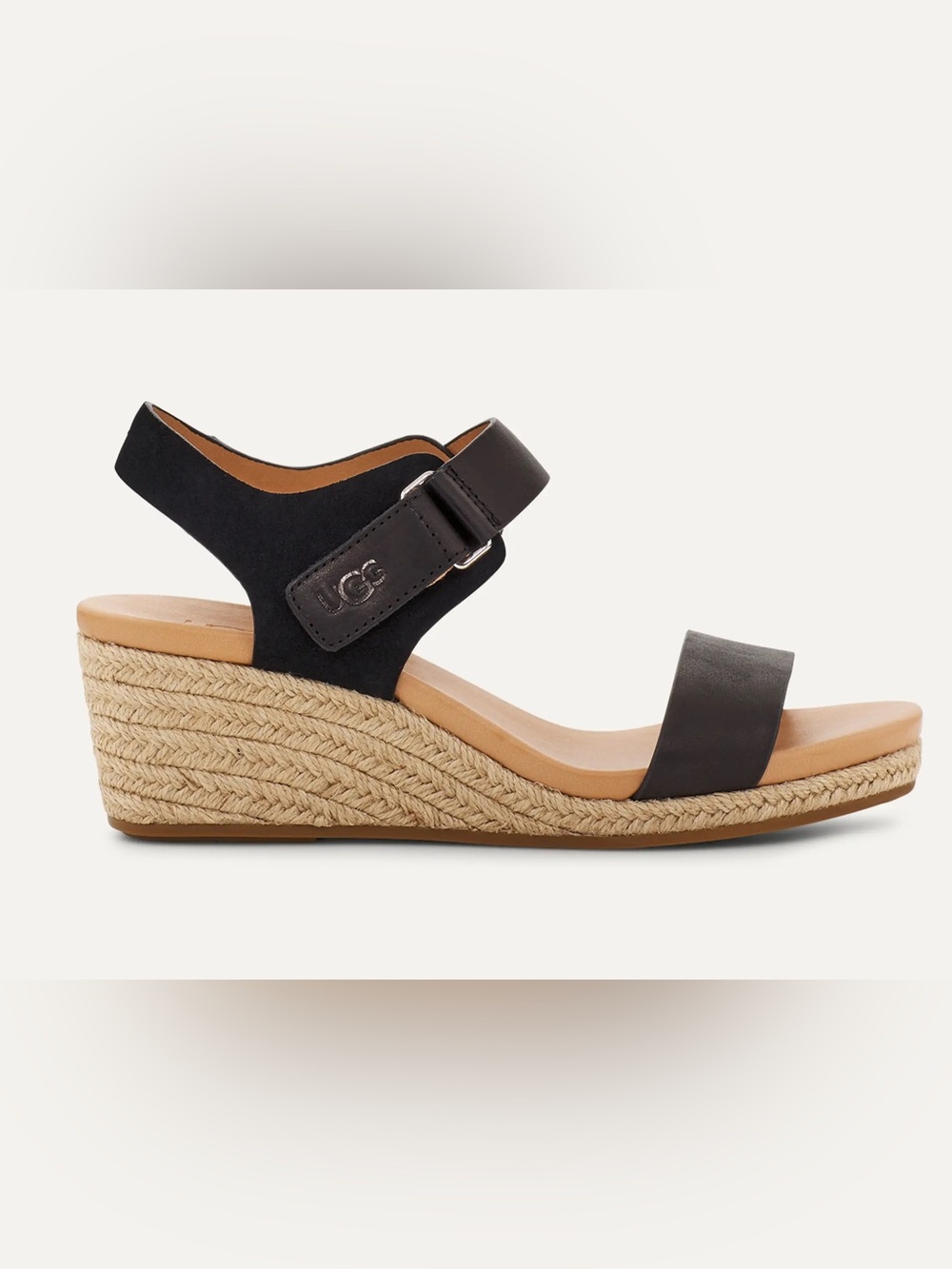 UGG Black Leather and Suede Espadrille Wedge Sandal